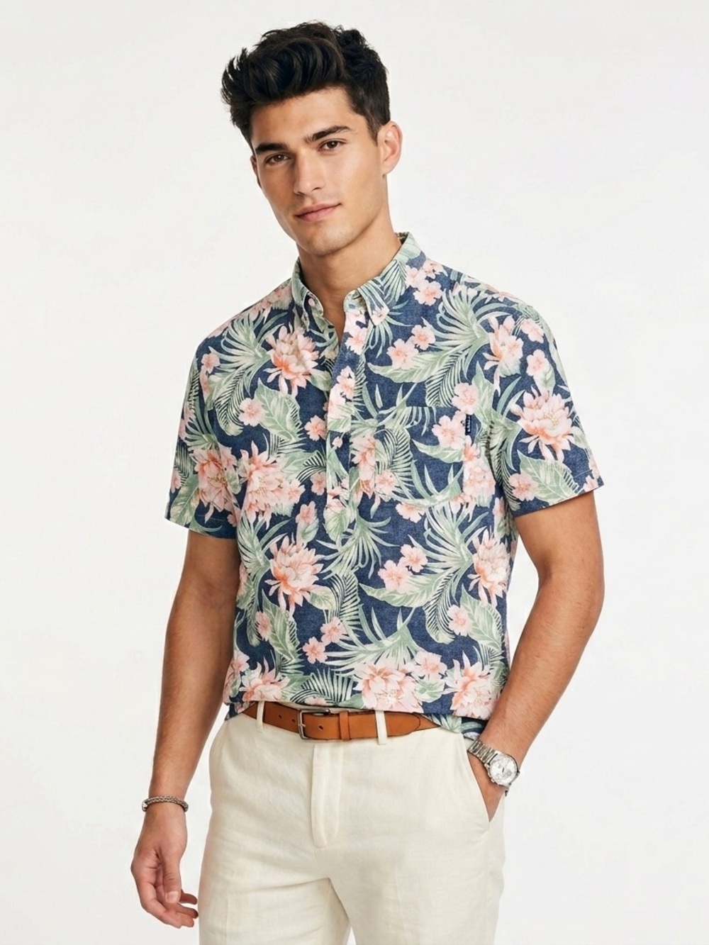 Chubbies Popover Short Sleeve Shirt Half Button Tropical Floral Navy Pink XL